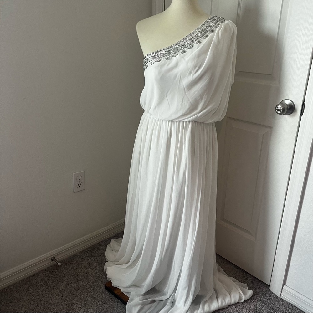 NWT PRONOVIAS One-Shoulder Grecian Dress with Silver Beading Size 12